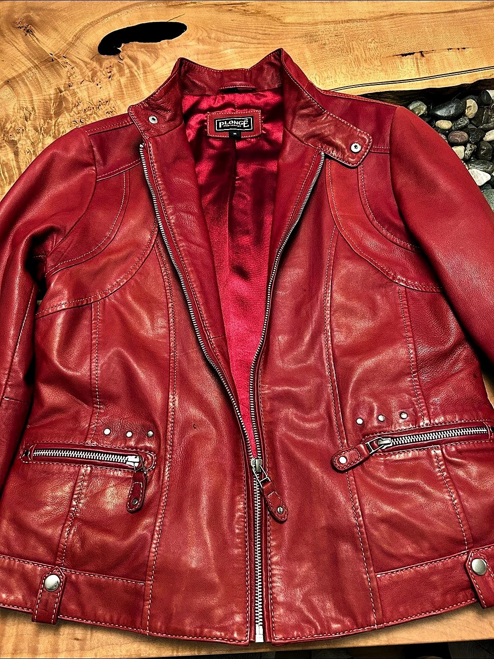 Plonge Leather Moto Jacket in Red Size Medium